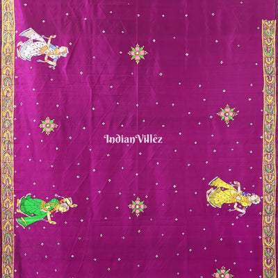 Wine Color Ram Sita Vivah Theme Hand-Painted Pattachitra Saree