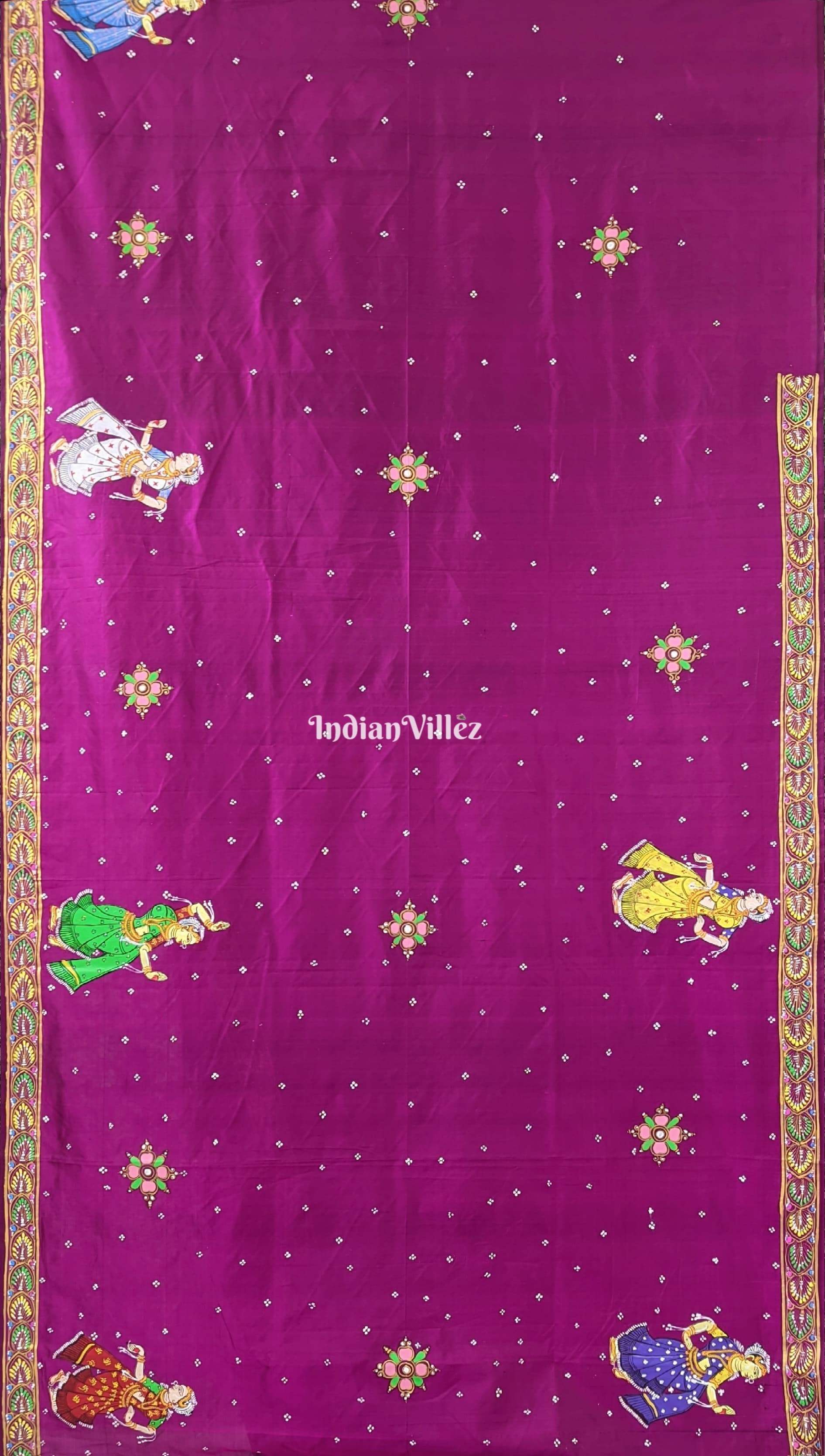 Wine Color Ram Sita Vivah Theme Hand-Painted Pattachitra Saree