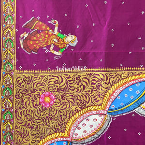 Wine Color Ram Sita Vivah Theme Hand-Painted Pattachitra Saree