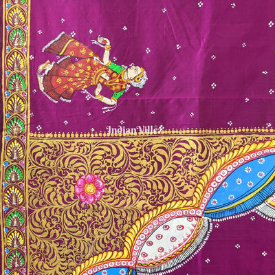 Wine Color Ram Sita Vivah Theme Hand-Painted Pattachitra Saree