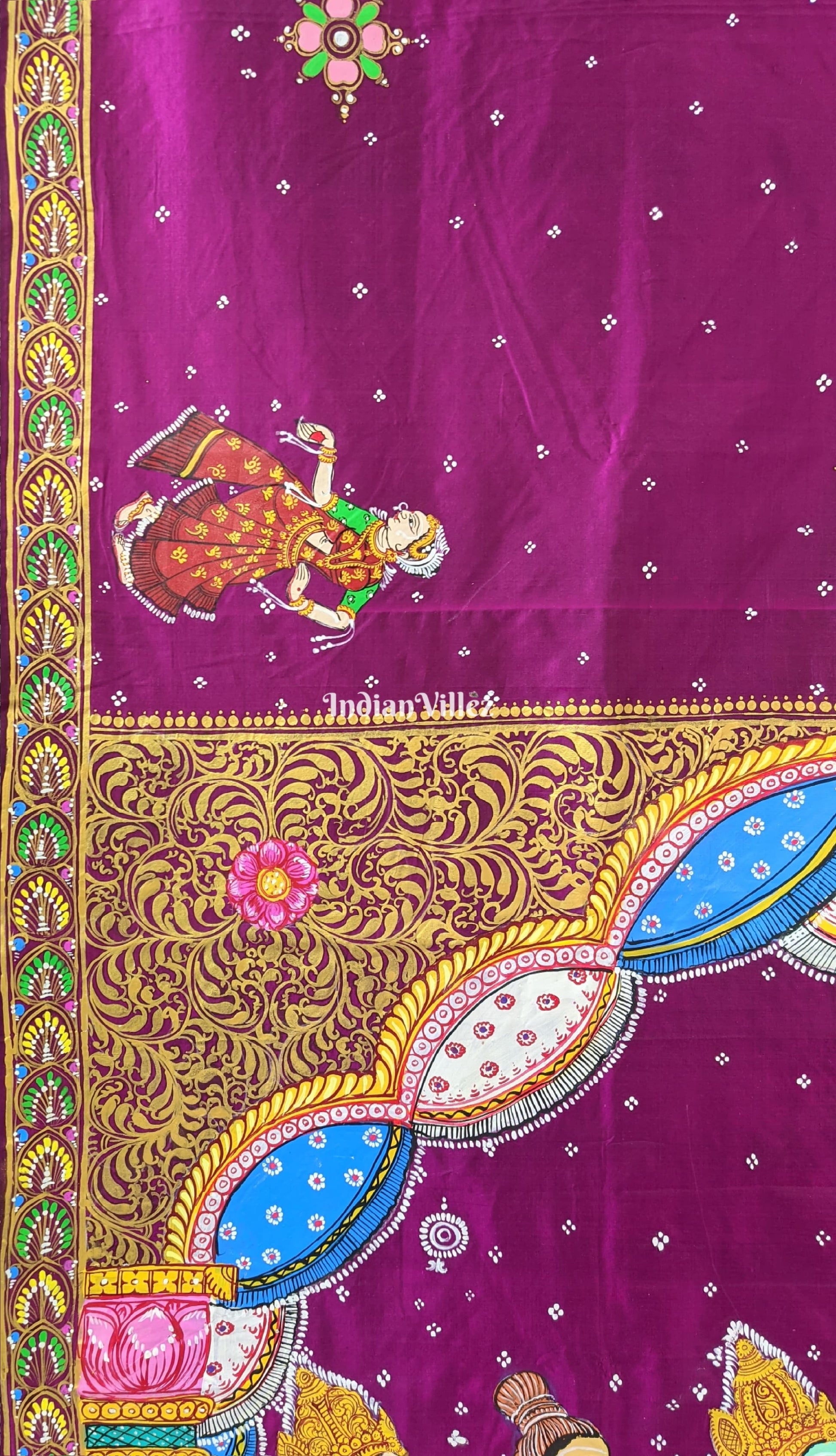 Wine Color Ram Sita Vivah Theme Hand-Painted Pattachitra Saree
