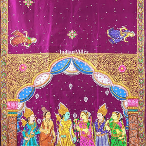 Wine Color Ram Sita Vivah Theme Hand-Painted Pattachitra Saree