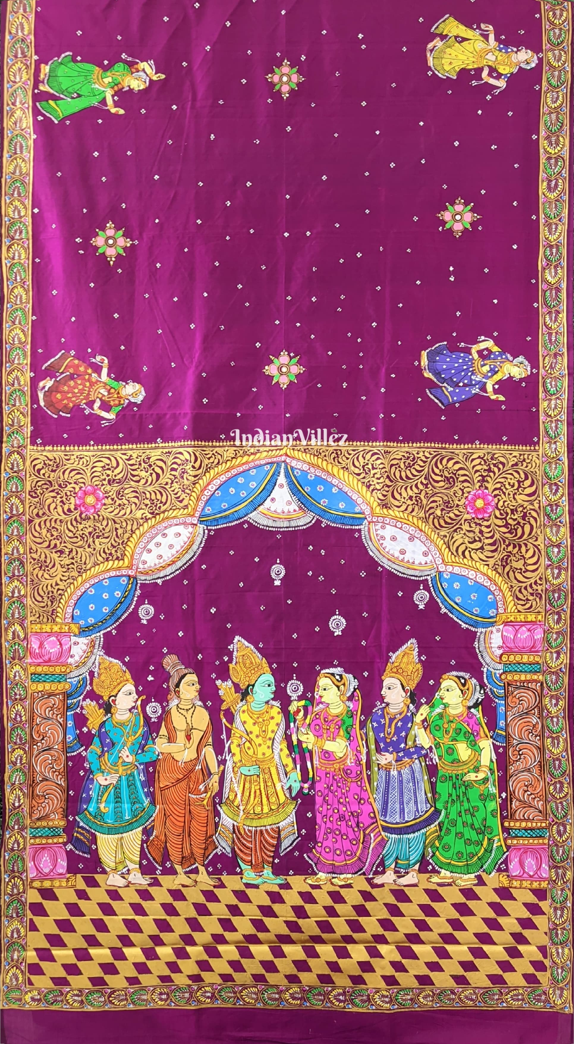 Wine Color Ram Sita Vivah Theme Hand-Painted Pattachitra Saree