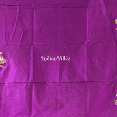 Deep Violet Krishna Rasa Leela Hand-Painted Pattachitra Saree