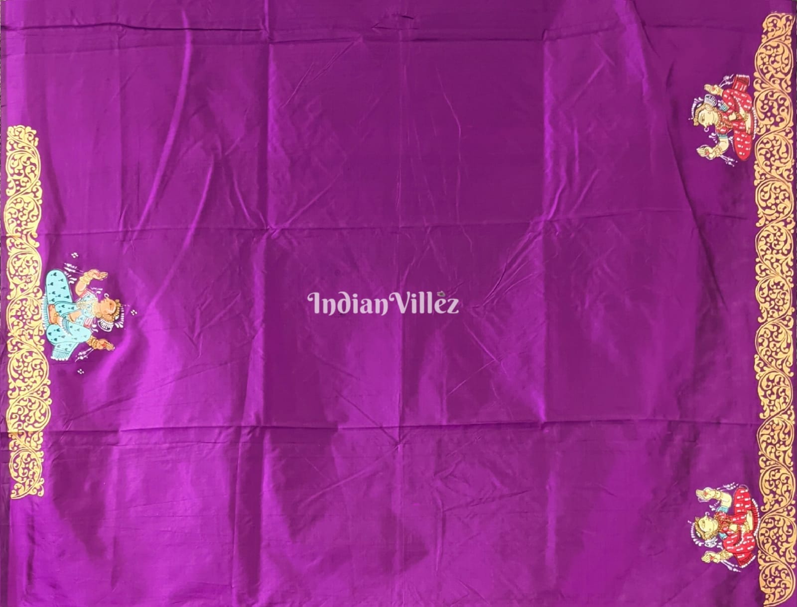 Deep Violet Krishna Rasa Leela Hand-Painted Pattachitra Saree