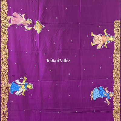 Deep Violet Krishna Rasa Leela Hand-Painted Pattachitra Saree