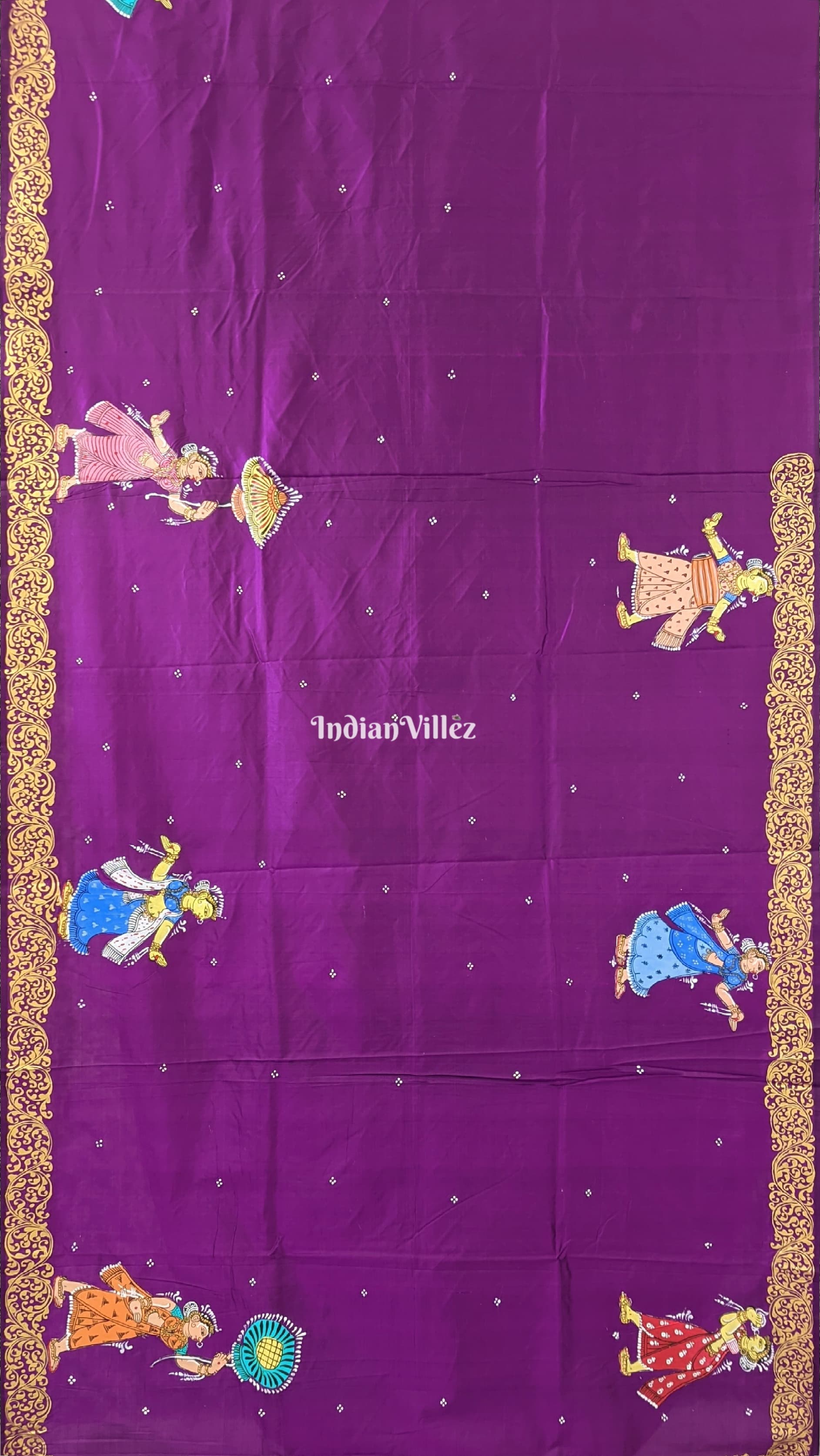 Deep Violet Krishna Rasa Leela Hand-Painted Pattachitra Saree
