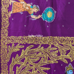 Deep Violet Krishna Rasa Leela Hand-Painted Pattachitra Saree