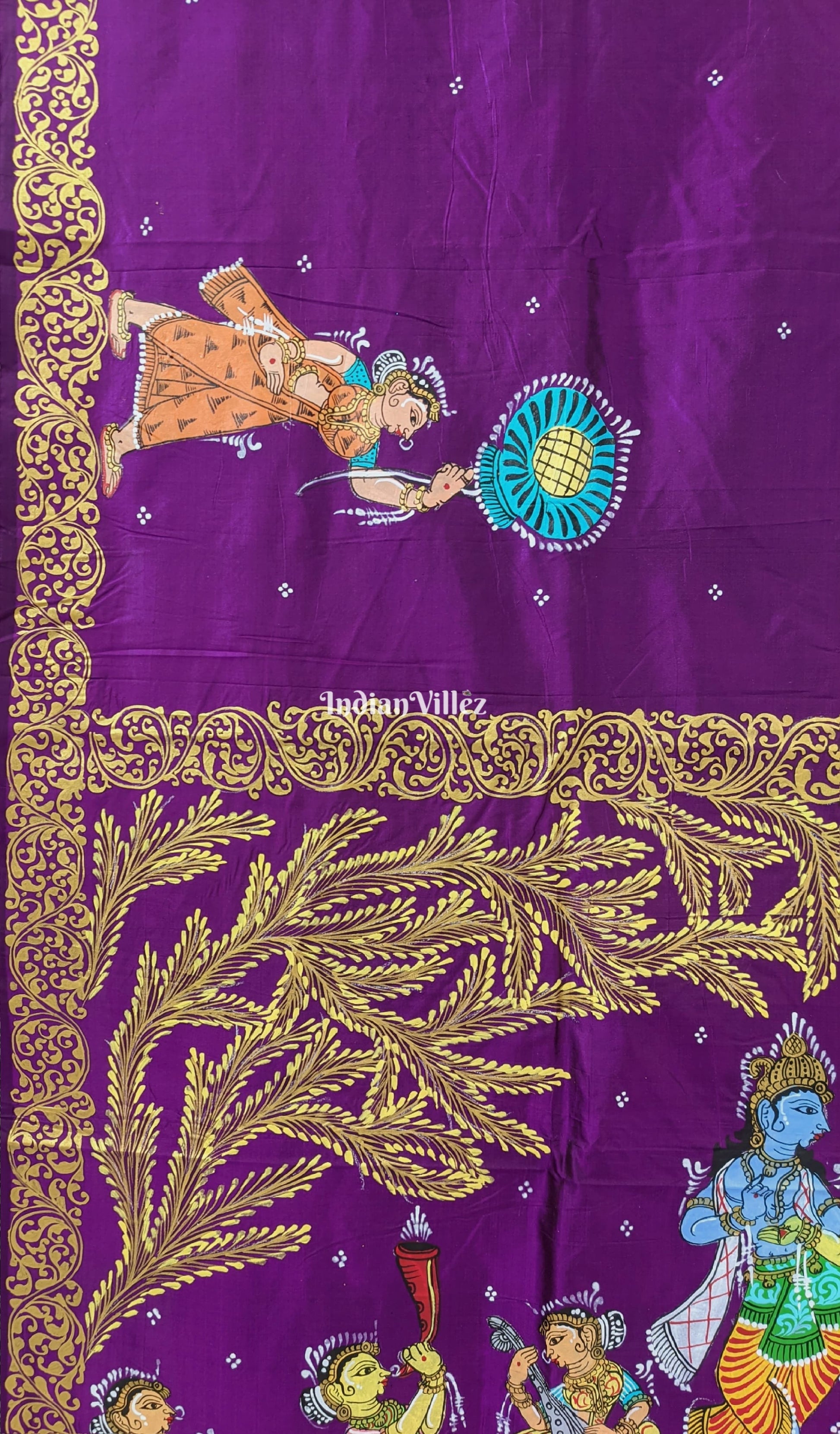 Deep Violet Krishna Rasa Leela Hand-Painted Pattachitra Saree