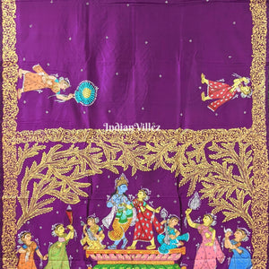 Deep Violet Krishna Rasa Leela Hand-Painted Pattachitra Saree