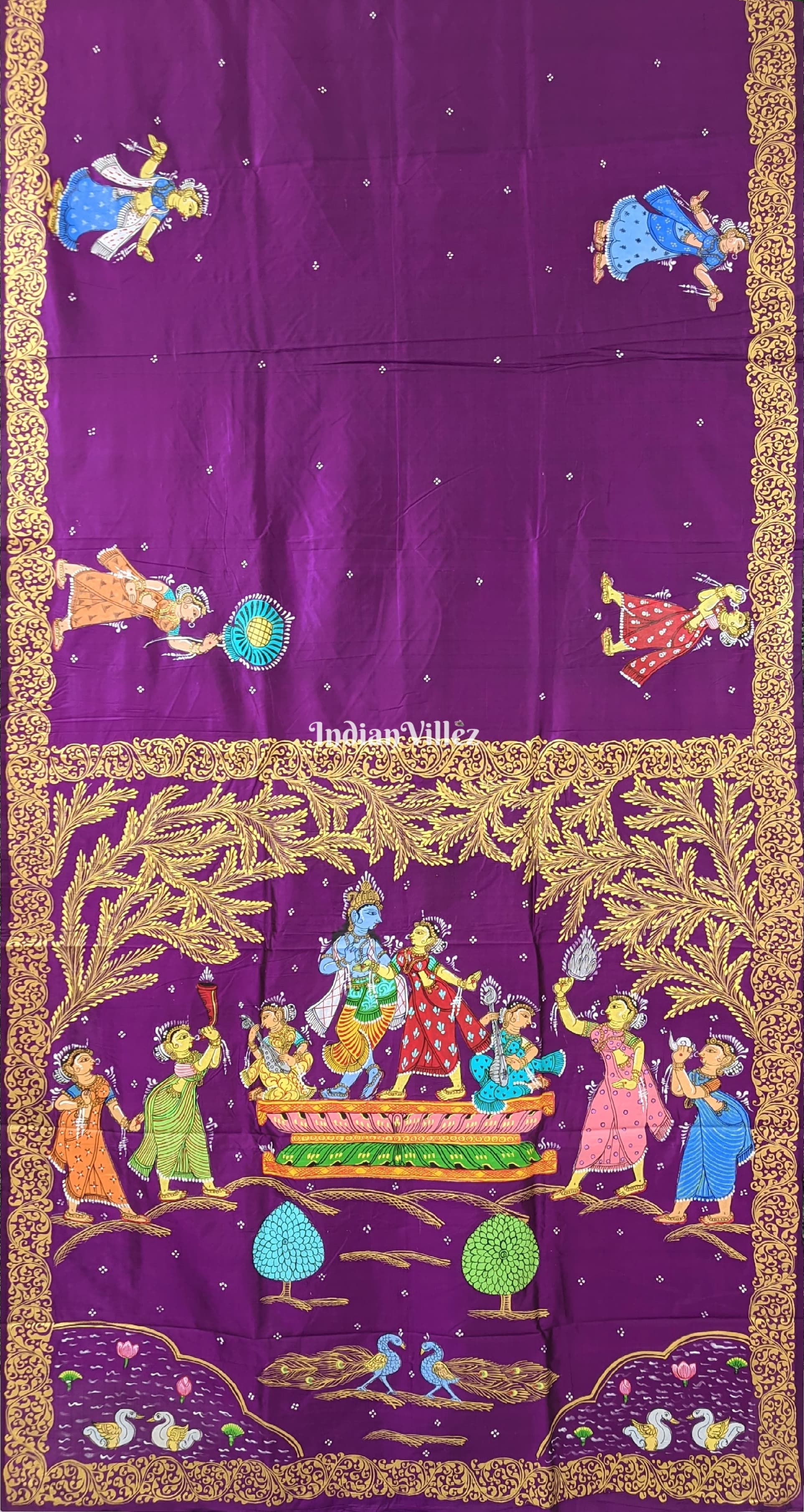 Deep Violet Krishna Rasa Leela Hand-Painted Pattachitra Saree