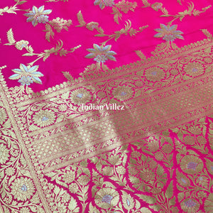 Pink Floral Design Banarasi Katan Saree