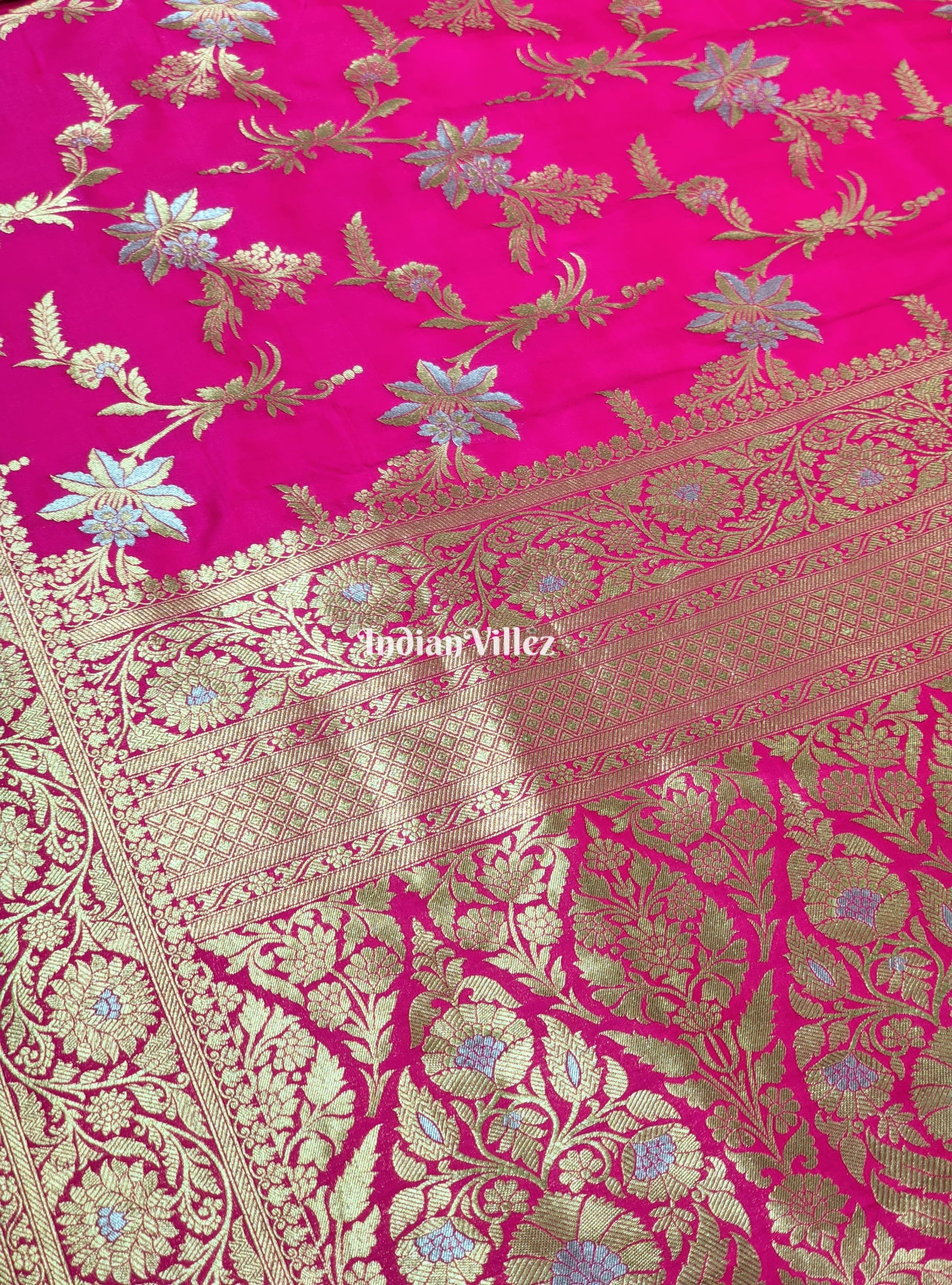 Pink Floral Design Banarasi Katan Saree