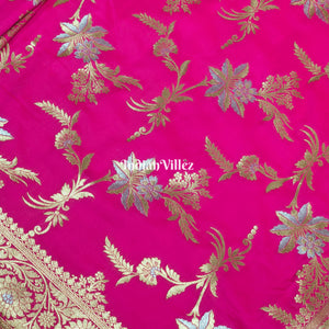 Pink Floral Design Banarasi Katan Saree