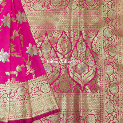 Pink Floral Design Banarasi Katan Saree