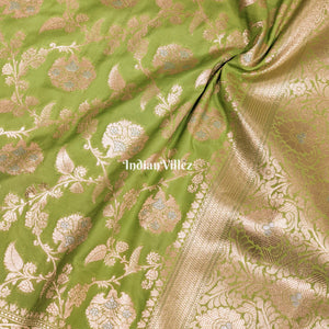 Parrot Green With Floral Design Banarasi Katan Saree