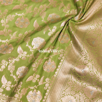 Parrot Green With Floral Design Banarasi Katan Saree
