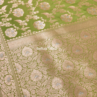 Parrot Green With Floral Design Banarasi Katan Saree