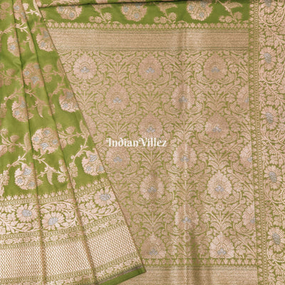 Parrot Green With Floral Design Banarasi Katan Saree