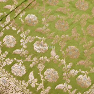 Parrot Green With Floral Design Banarasi Katan Saree