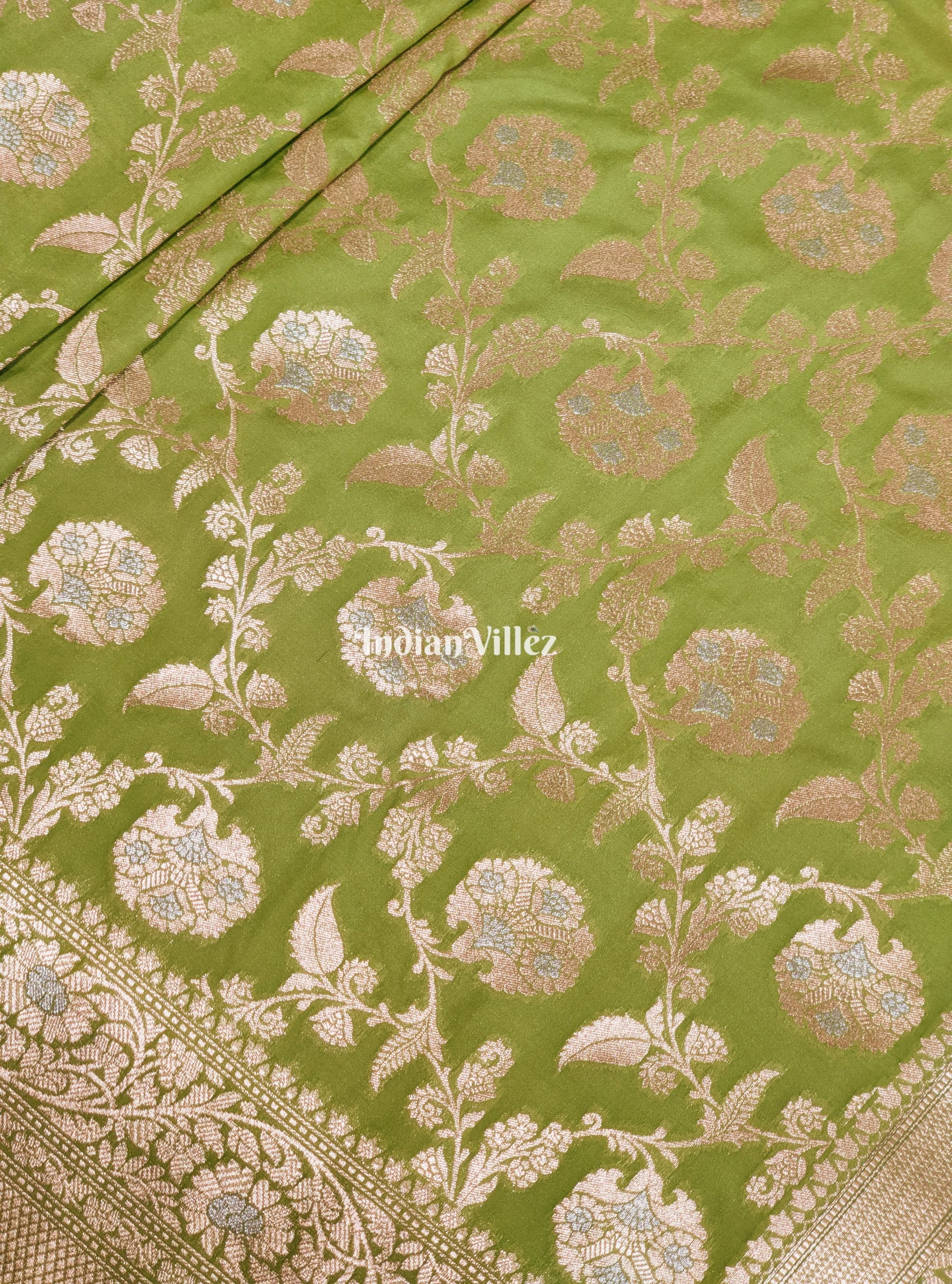 Parrot Green With Floral Design Banarasi Katan Saree