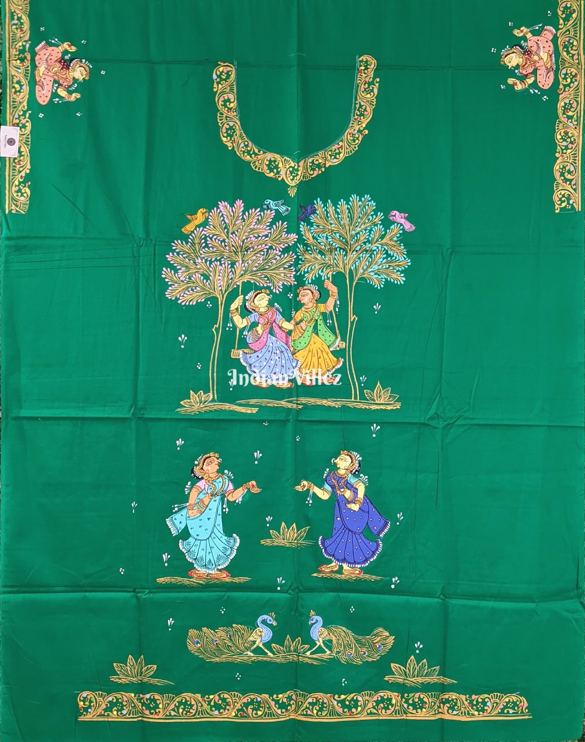Green Nartaki Pattachitra Kurti Cotton Dress Material