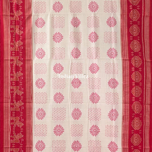 Off White Pure Sambalpuri Cotton Saree Border With Animal and Flower