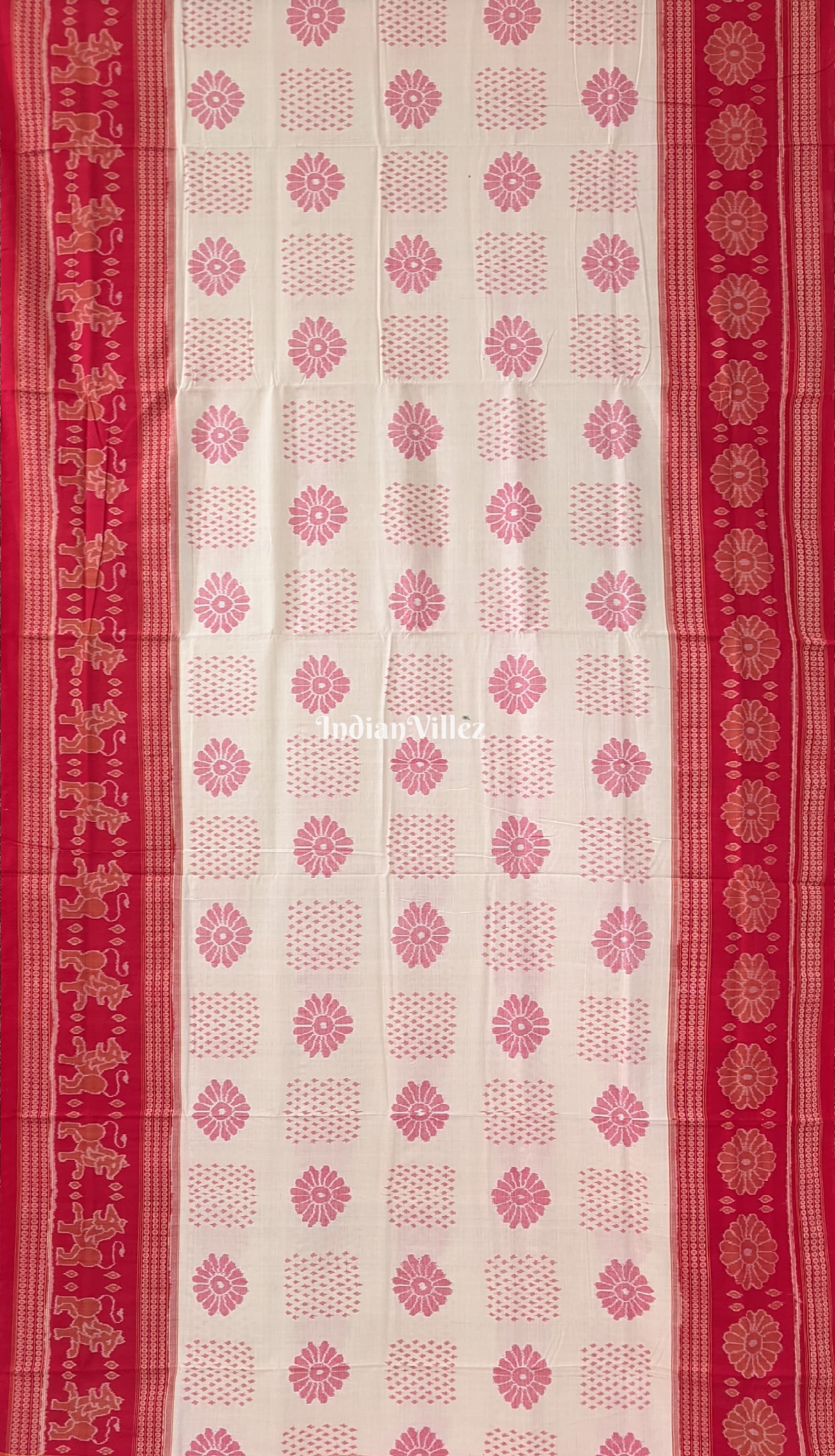 Off White Pure Sambalpuri Cotton Saree Border With Animal and Flower