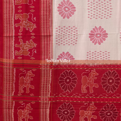 Off White Pure Sambalpuri Cotton Saree Border With Animal and Flower