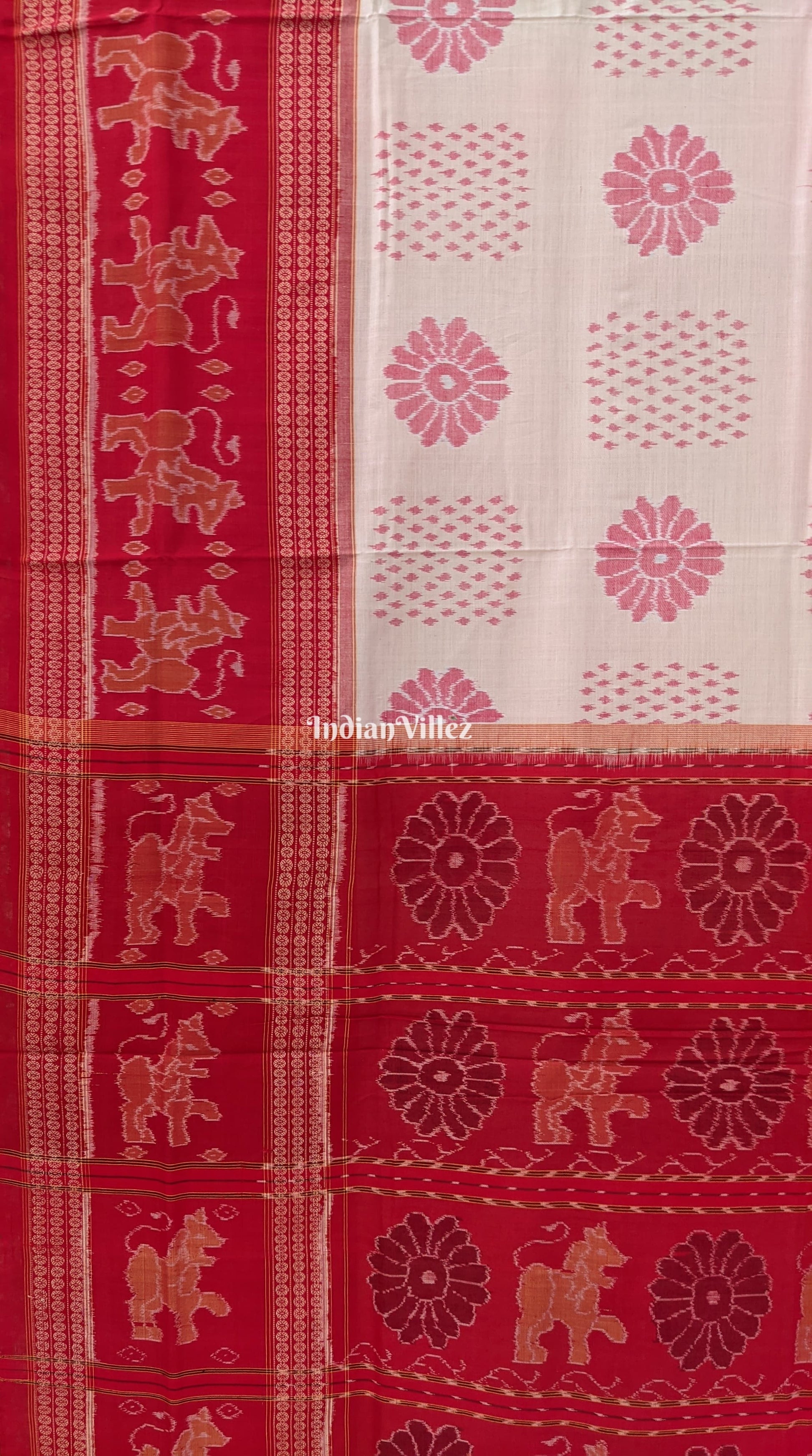 Off White Pure Sambalpuri Cotton Saree Border With Animal and Flower