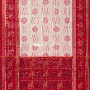 Off White Pure Sambalpuri Cotton Saree Border With Animal and Flower