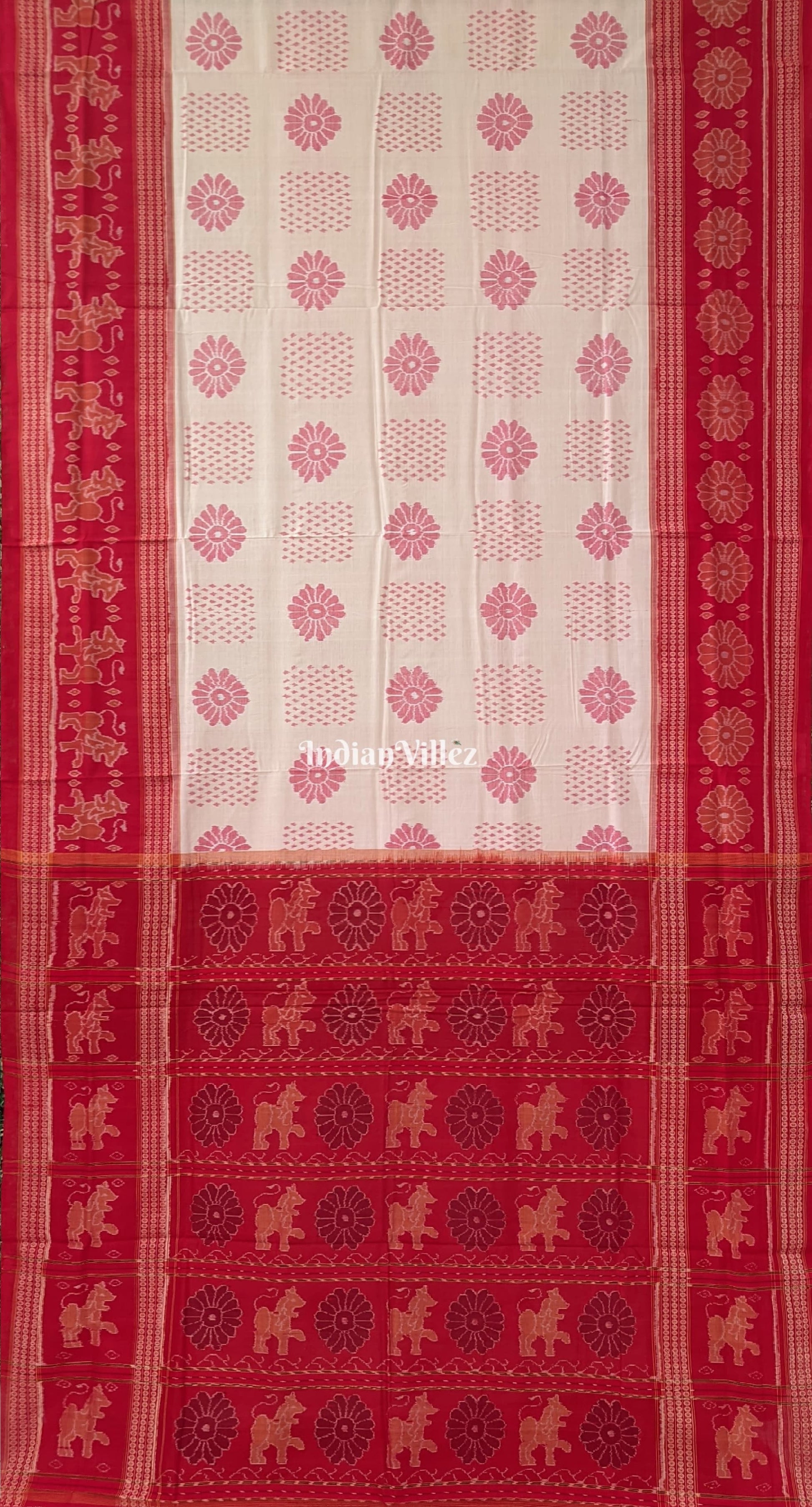 Off White Pure Sambalpuri Cotton Saree Border With Animal and Flower