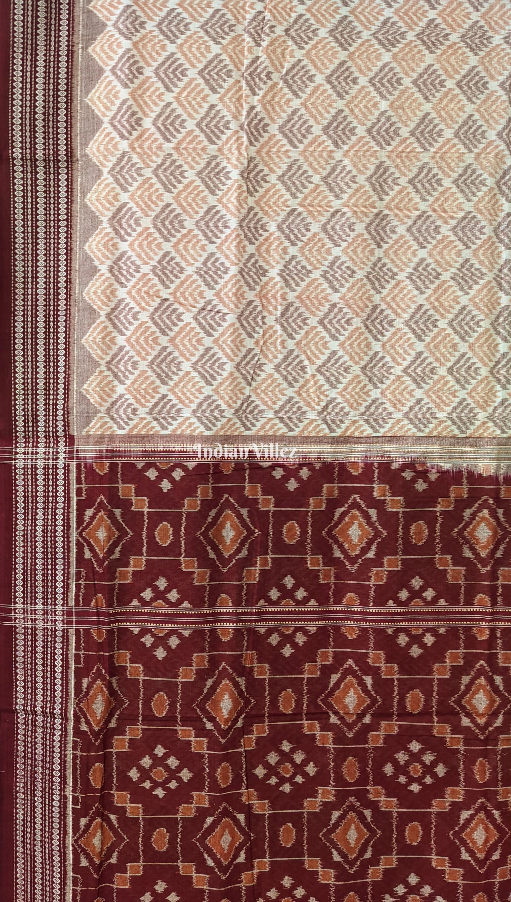 White Dark Maroon Sambalpuri Ikat Cotton Saree