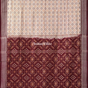White Dark Maroon Sambalpuri Ikat Cotton Saree