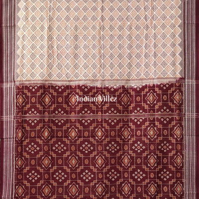 White Dark Maroon Sambalpuri Ikat Cotton Saree