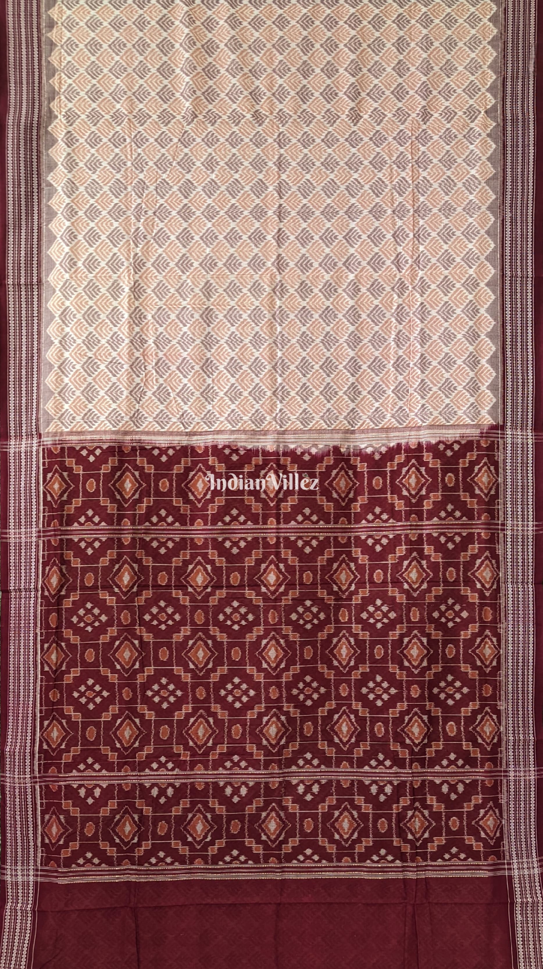 White Dark Maroon Sambalpuri Ikat Cotton Saree