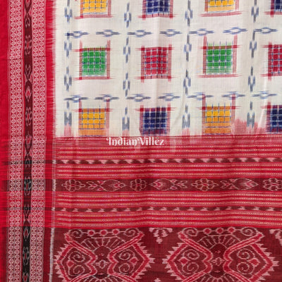 White Ashwini Theme Sambalpuri Cotton Saree