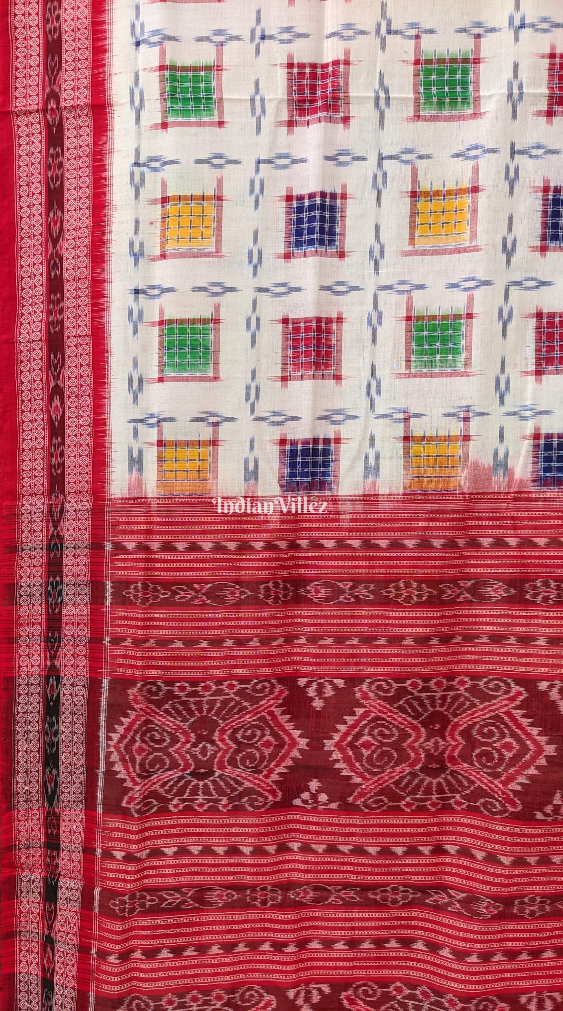 White Ashwini Theme Sambalpuri Cotton Saree