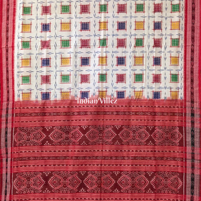 White Ashwini Theme Sambalpuri Cotton Saree