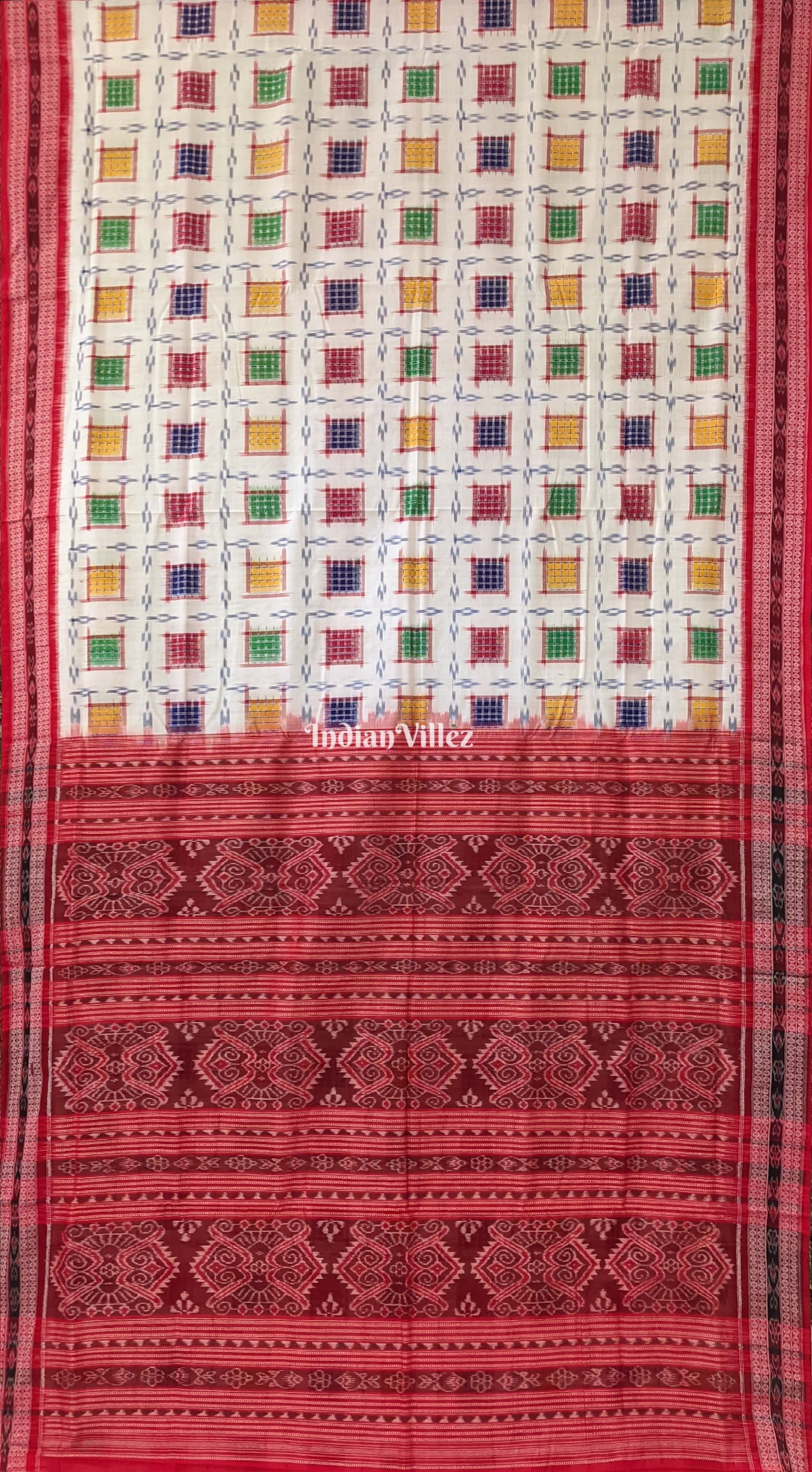 White Ashwini Theme Sambalpuri Cotton Saree