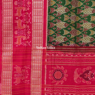 Green Odisha Ikat Sambalpuri Pure Cotton Saree With Fish Motif