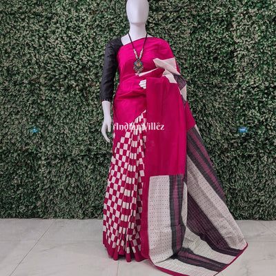 White Pink Pasapali Sambalpuri Ikat Silk Saree