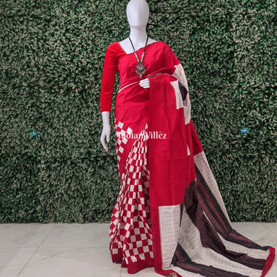 White Red Pasapali Sambalpuri Ikat Silk Saree