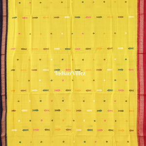 Yellow Bomkai Sambalpuri Cotton Saree With Fish & Flower Motif