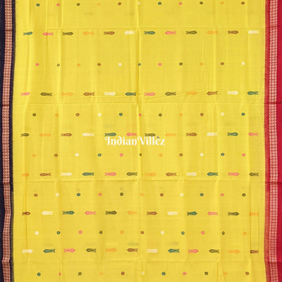 Yellow Bomkai Sambalpuri Cotton Saree With Fish & Flower Motif