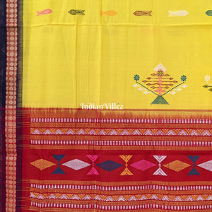 Yellow Bomkai Sambalpuri Cotton Saree With Fish & Flower Motif