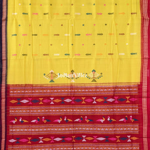 Yellow Bomkai Sambalpuri Cotton Saree With Fish & Flower Motif