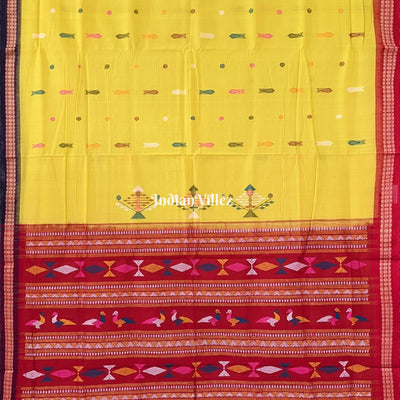Yellow Bomkai Sambalpuri Cotton Saree With Fish & Flower Motif