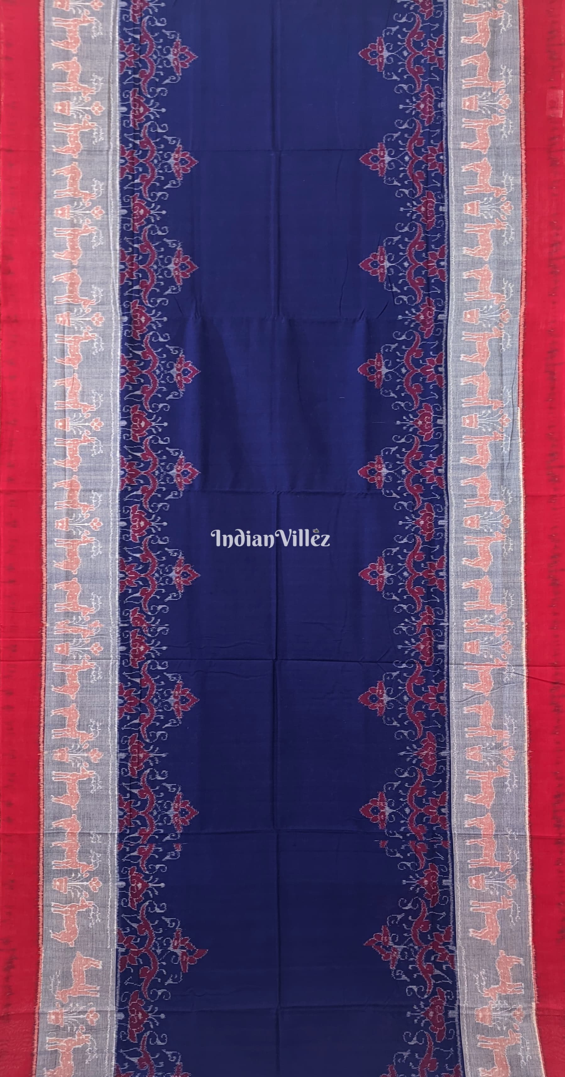 Blue Red Pure Sambalpuri Ikat Cotton Saree