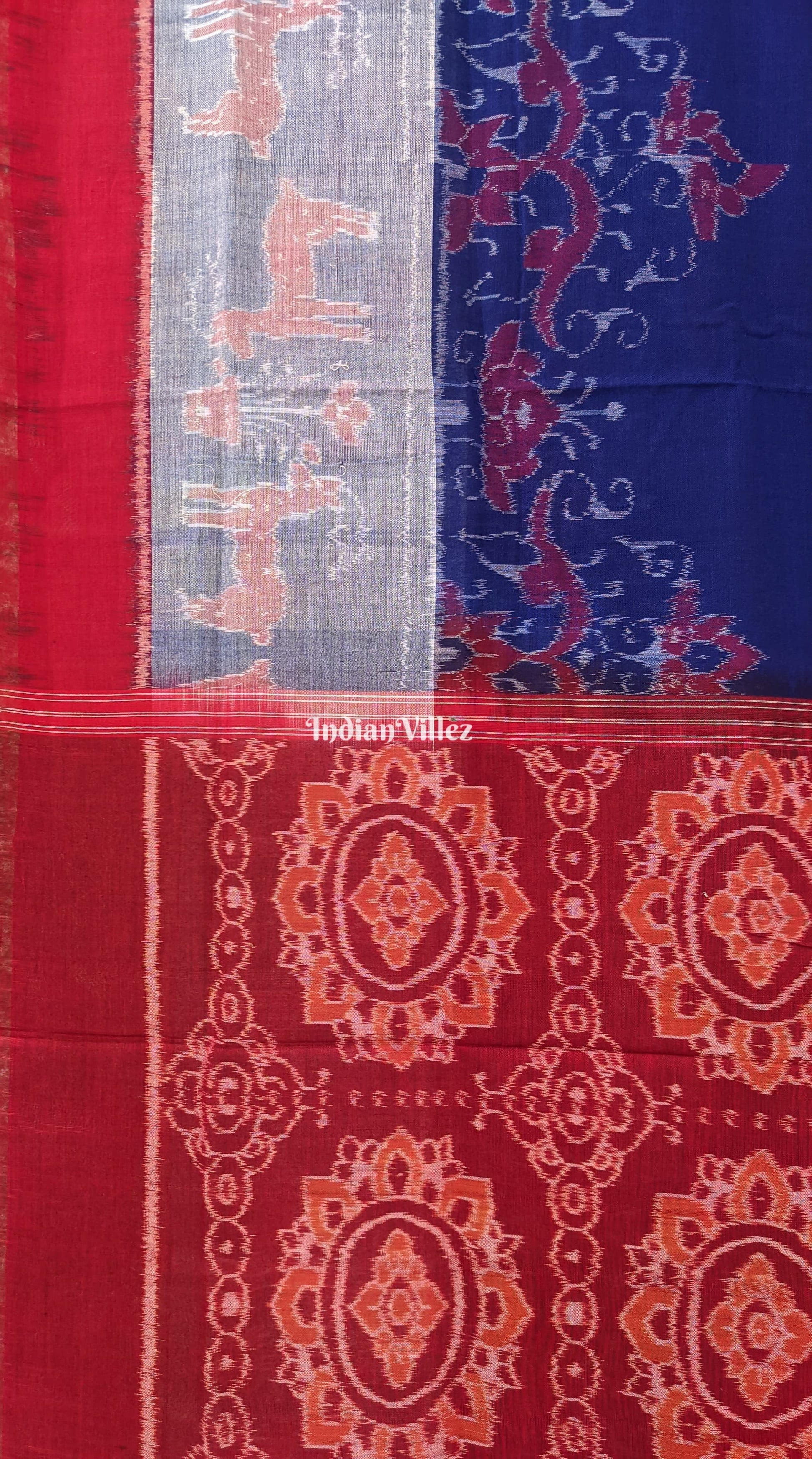 Blue Red Pure Sambalpuri Ikat Cotton Saree